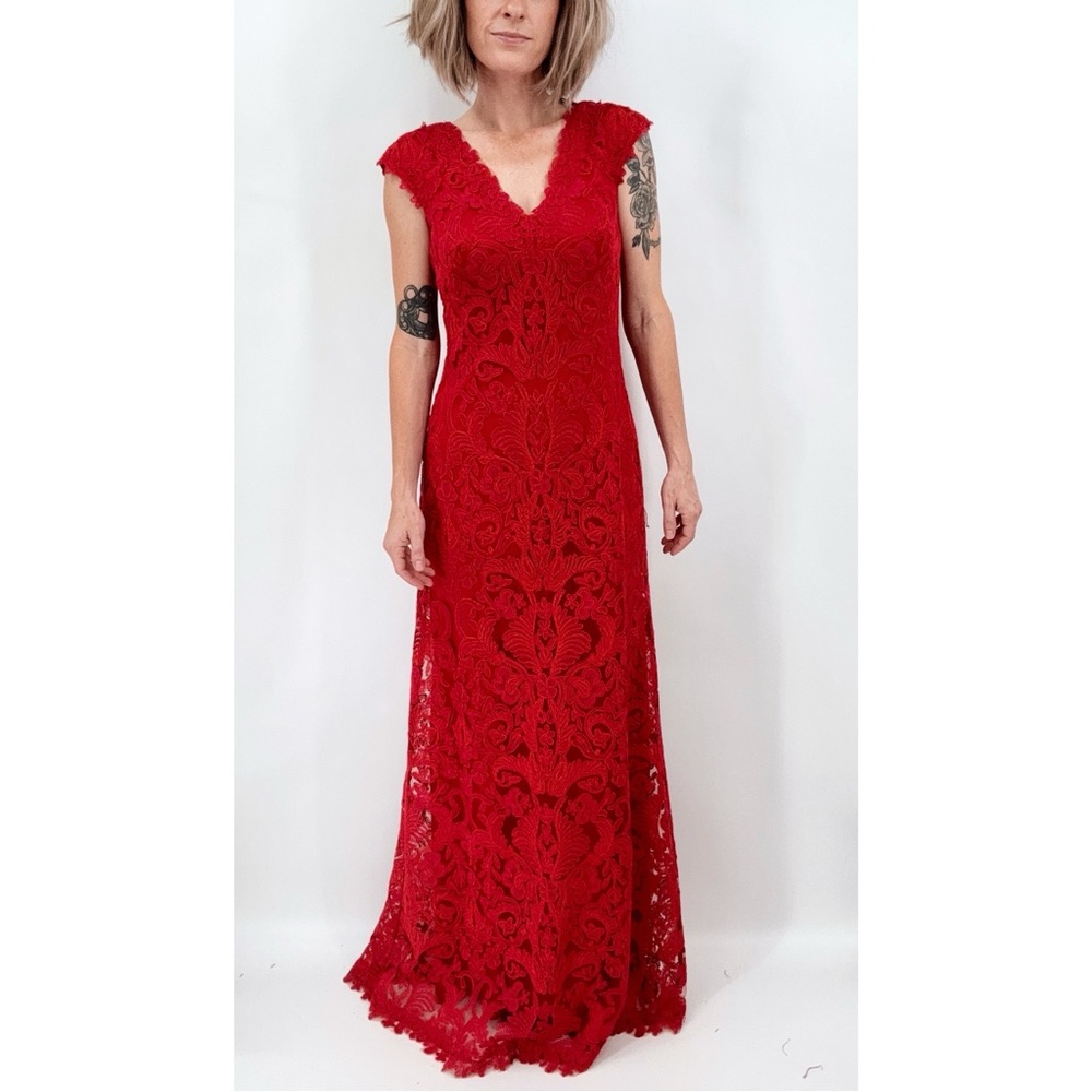 Tadashi Shoji Gown 2 Corded Embroidery Tulle Lace A-Line Dress Red Formal Event